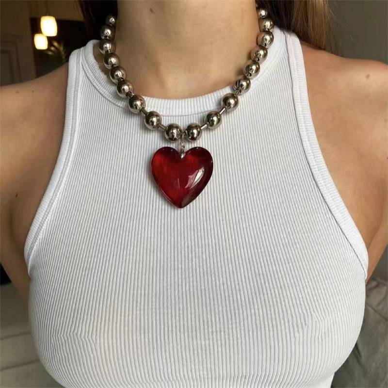 Hip Hop Minimalist Colorful Glass Love Heart Pendant Necklaces for Women Aesthetic Beads Chains Short Choker Girls Party Jewelry