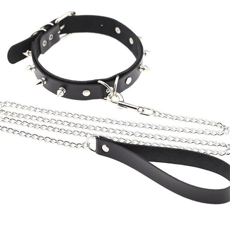 Sexy Rivet Alternative Metal PU Leather Collar Lead Chain Bell Choker Slave Costume BDSM Bondage Necklace Neckband Sex Collar