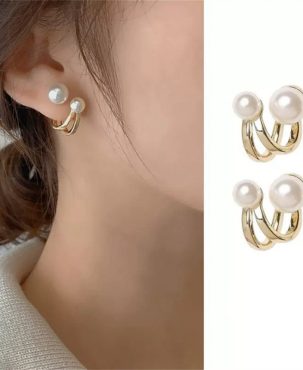 Women Gold Color Eardrop Cute Pearl Studs Hoop Earrings Hoops Wedding Jewelry