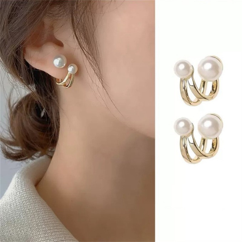 Women Gold Color Eardrop Cute Pearl Studs Hoop Earrings Hoops Wedding Jewelry