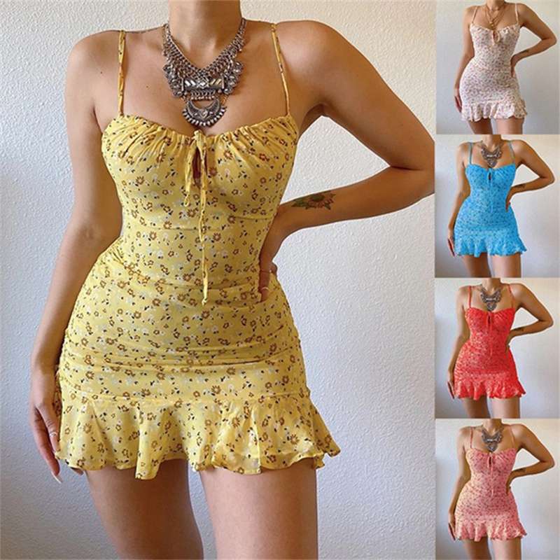 New 2024 Summer Women's Clothing European and American Sexy Floral Strap Chest Hollow Dress