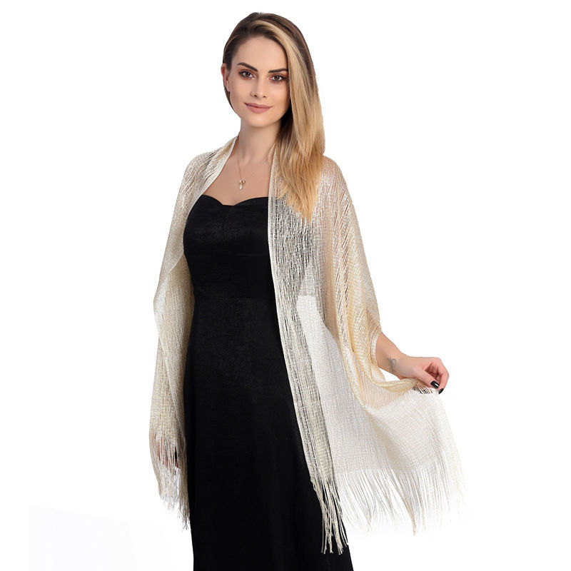 Gold and Silver Silk Shawl Flat Scarf Dance Wraps Evening Dress Shawl Women Fashion - 图片 3