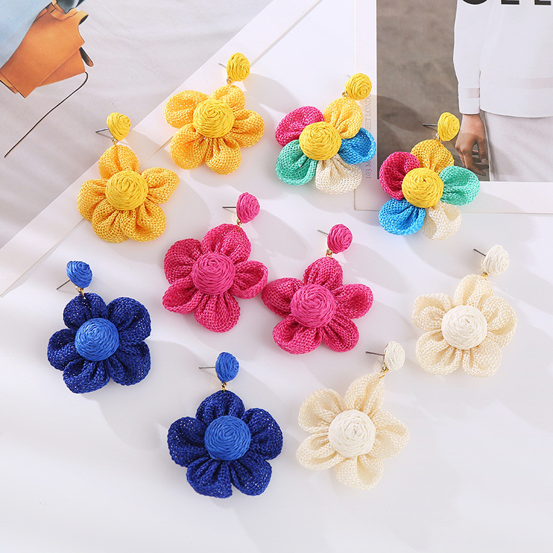 Cute Flowers Stud Earrings Raffia Hand-Woven Earrings Women's Holiday Wedding