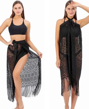 Plus Size Lace Beach Dress Lace-up Beach Wrap Skirt Bikini Blouse Sunscreen Shawl