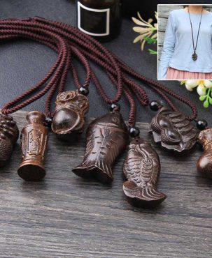 1Pcs Vintage Ethnic Handmade Wood Carving Fish Pendant Necklaces Women Men Adjustable Long Rope Chain Sweater Necklace Gift