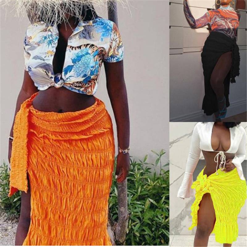 Pleated Woven Skirt For Women harajuku Sexy Oversized Casual Clothing Irregular Shape Side Lace Casualwear Female Outfit