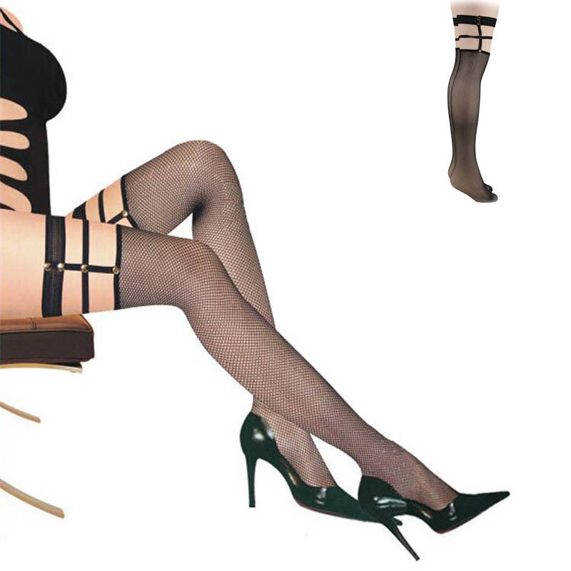 Sexy Black Fishnet Stockings Hold Ups With Studs Punk Fishing Net Stockings One Size - Image 12