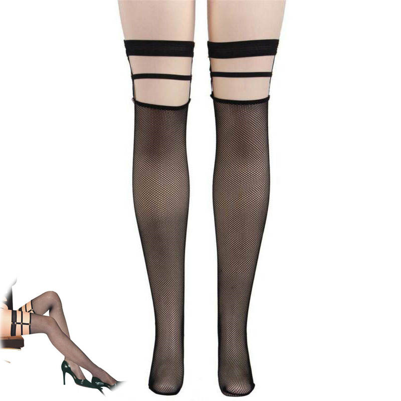 Sexy Black Fishnet Stockings Hold Ups With Studs Punk Fishing Net Stockings One Size - Image 13