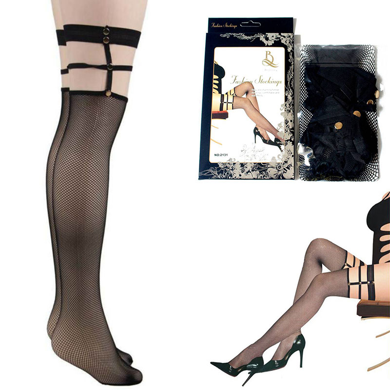 Sexy Black Fishnet Stockings Hold Ups With Studs Punk Fishing Net Stockings One Size - Image 8