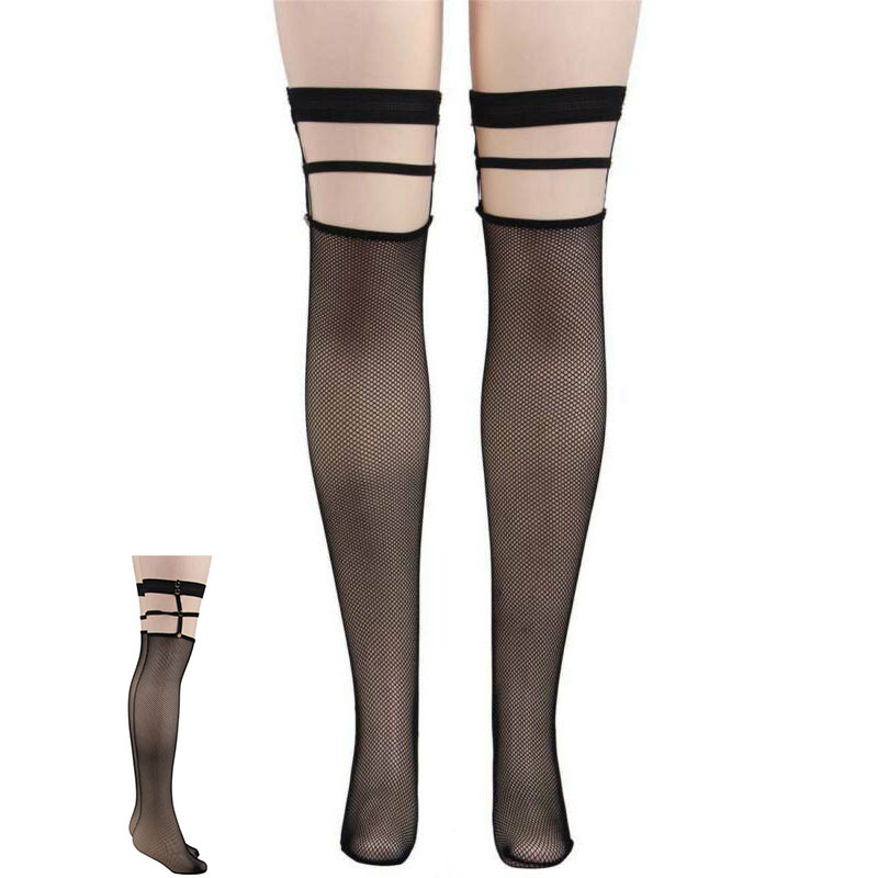 Sexy Black Fishnet Stockings Hold Ups With Studs Punk Fishing Net Stockings One Size - Image 9
