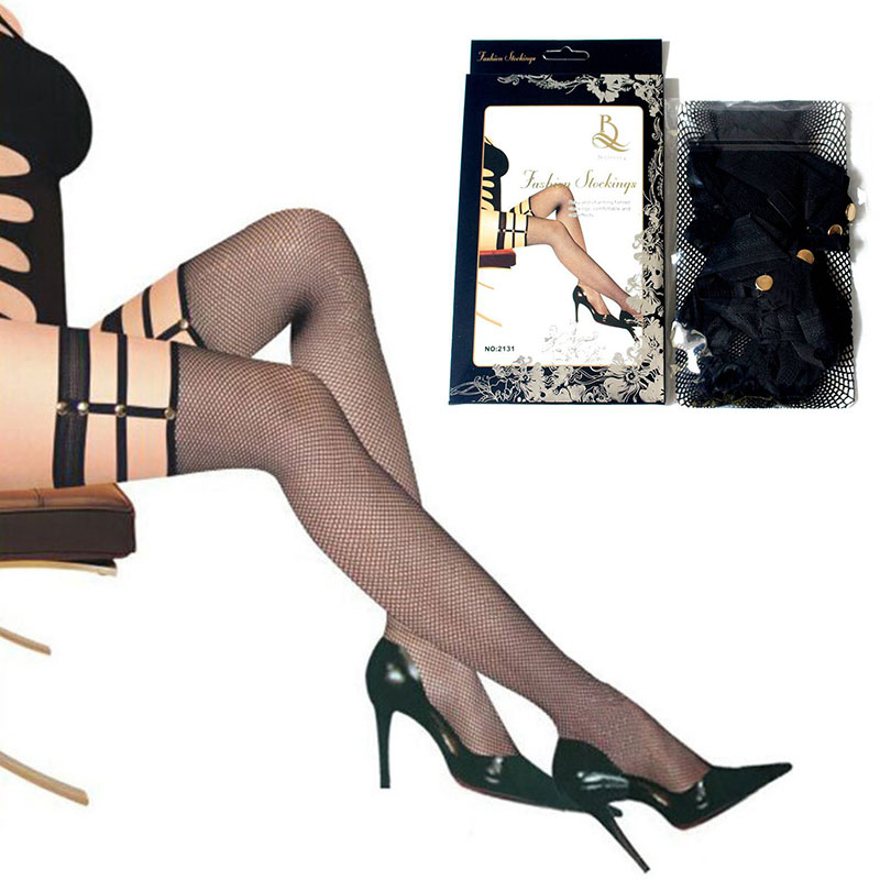 Sexy Black Fishnet Stockings Hold Ups With Studs Punk Fishing Net Stockings One Size - Image 10