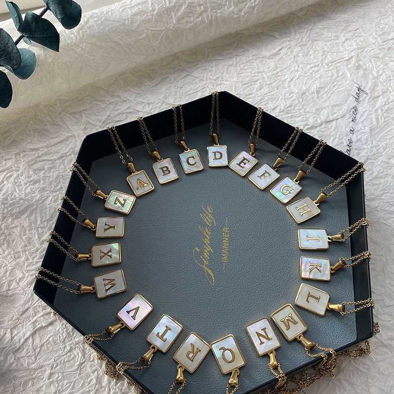 Gold Chain Necklaces Male Square Natural Shell Initial Letters Pendant Stainless Steel Jewelry for Women Gifts - Image 3