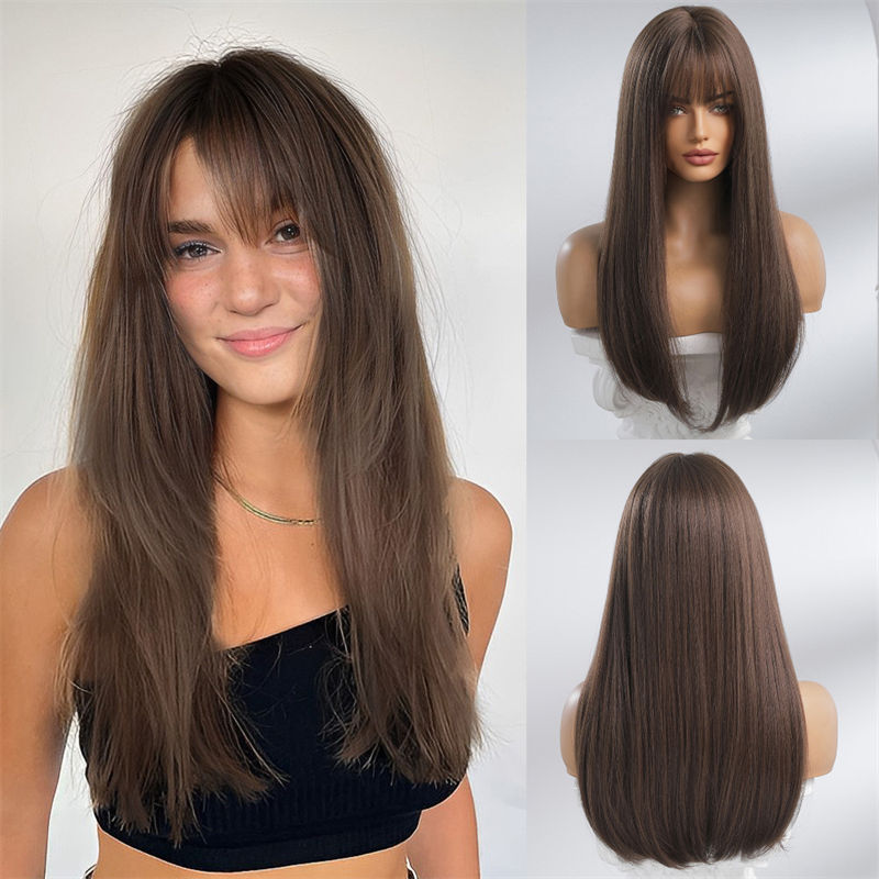 Qi Bangs Natural Brown Fluffy Long Hair Straight Hair Fashion Wig Chemical Fiber Full-Head Wig - Image 3