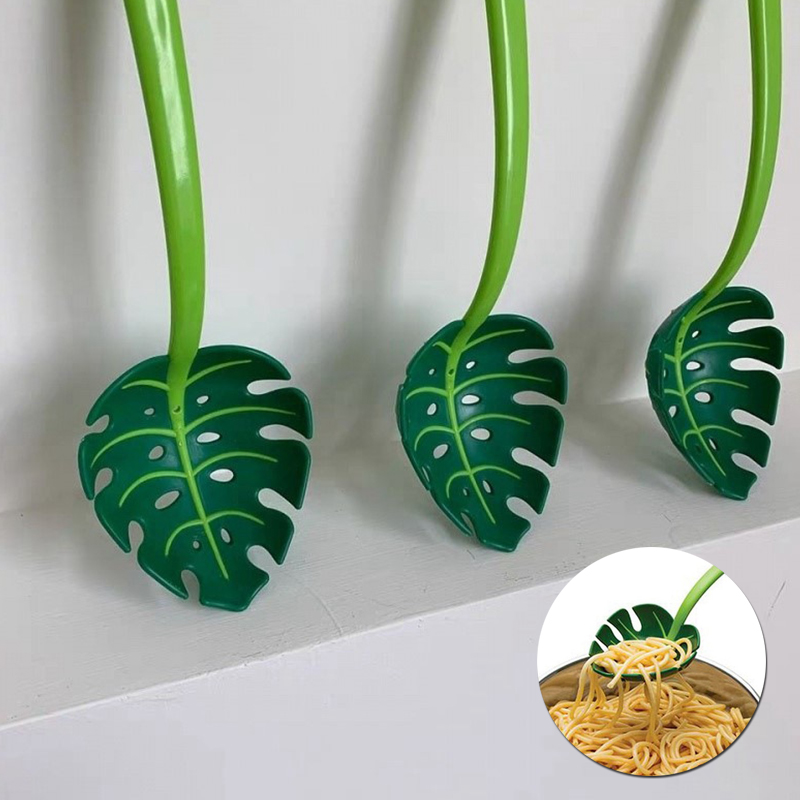 Green Monstera Leaf Colander Multifunctional Long-Handled Spaghetti Slotted Serving Spoon Salad Slotted Spoon For Home Kitchen - Image 14