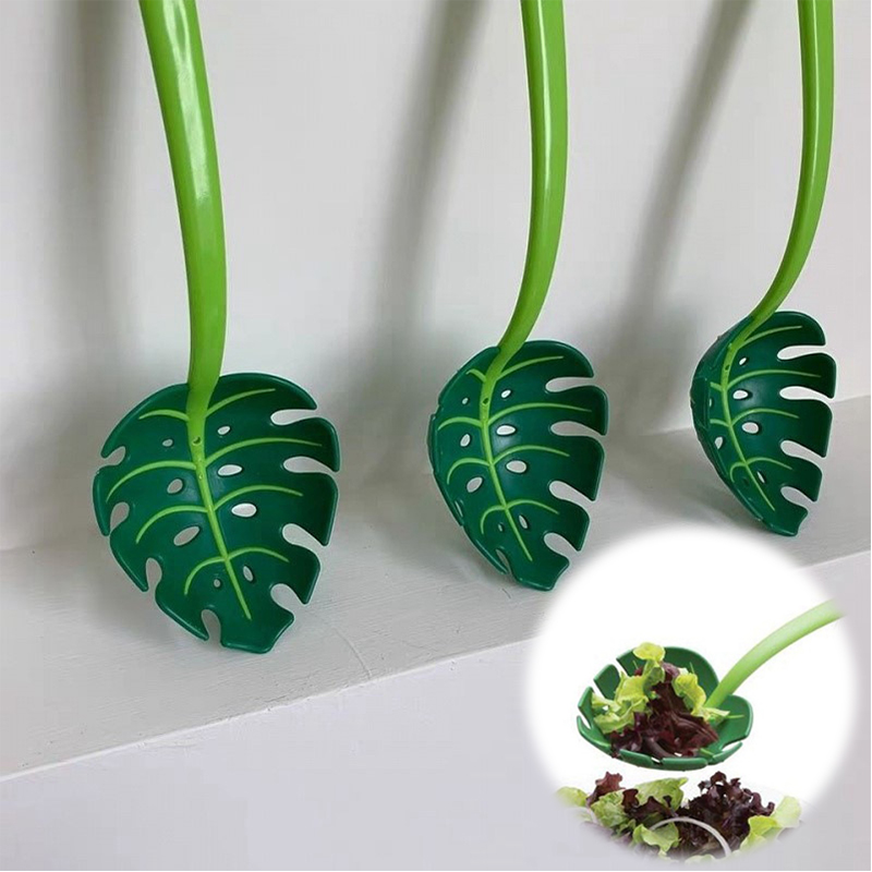 Green Monstera Leaf Colander Multifunctional Long-Handled Spaghetti Slotted Serving Spoon Salad Slotted Spoon For Home Kitchen - Image 13
