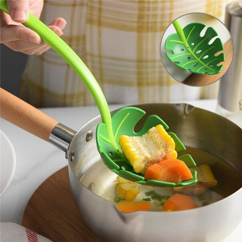 Green Monstera Leaf Colander Multifunctional Long-Handled Spaghetti Slotted Serving Spoon Salad Slotted Spoon For Home Kitchen - Image 18