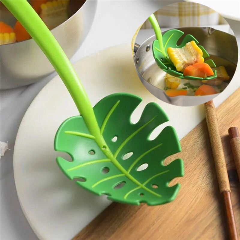 Green Monstera Leaf Colander Multifunctional Long-Handled Spaghetti Slotted Serving Spoon Salad Slotted Spoon For Home Kitchen - Image 20
