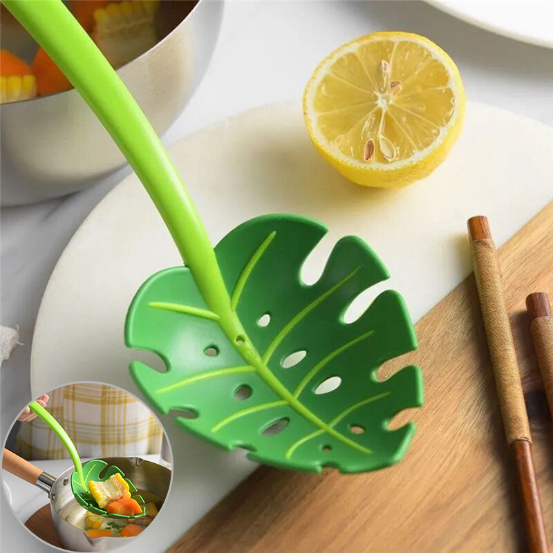 Green Monstera Leaf Colander Multifunctional Long-Handled Spaghetti Slotted Serving Spoon Salad Slotted Spoon For Home Kitchen - Image 12