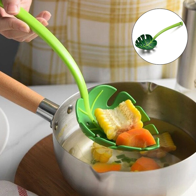 Green Monstera Leaf Colander Multifunctional Long-Handled Spaghetti Slotted Serving Spoon Salad Slotted Spoon For Home Kitchen - Image 15