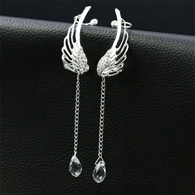 Foreign Trade Wish European and American Trendy Earrings Angel Wings Rhinestone Ear Clip Crystal Chain Tassel Earrings - 图片 3