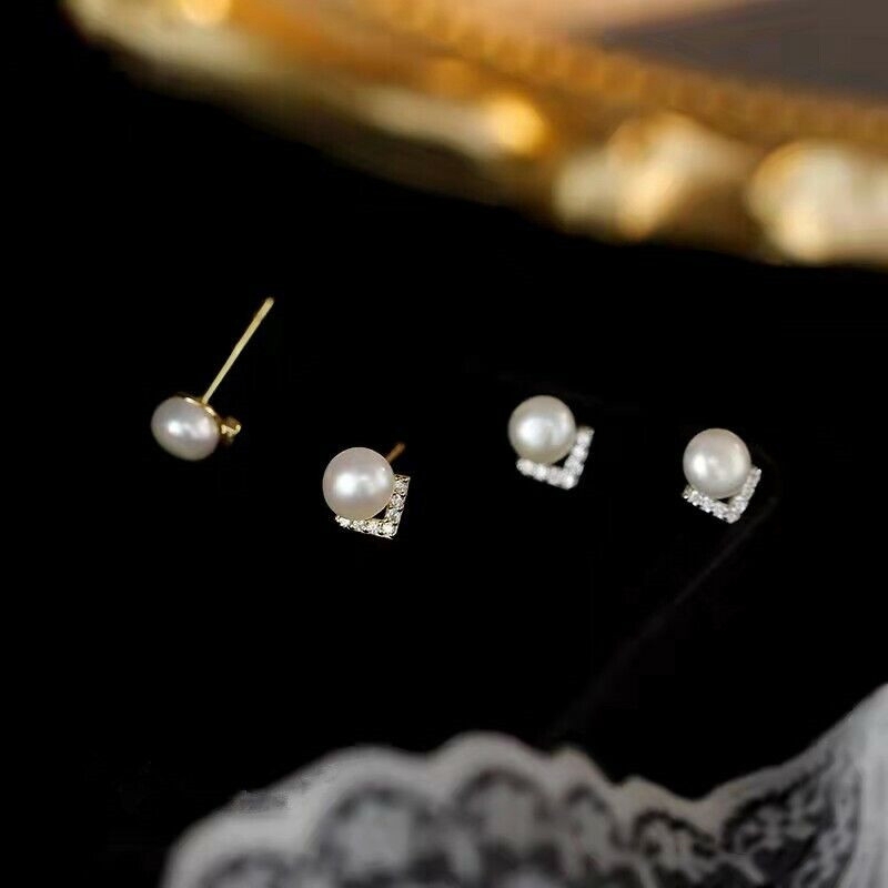 Beatutiful Pearl Diamond Stud Earrings Sterling Silver Womens Girl Jewellery - Image 3