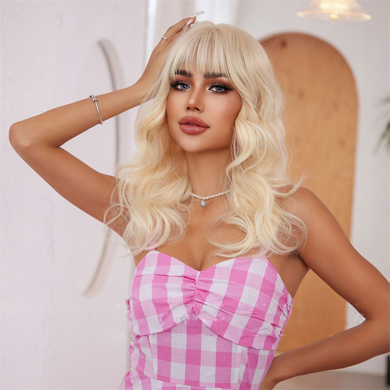 Wig Female Bangs Long Curly Hair Waves Roll Lolita Fashion Beige Headgear - Image 3