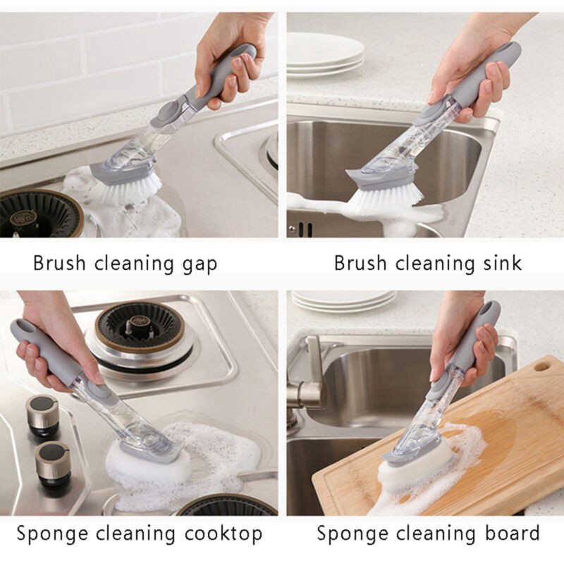 Kitchen Washing Dish Bowl Scrubber Clean Brush w/ Refill Liquid Soap Dispenser - Image 4