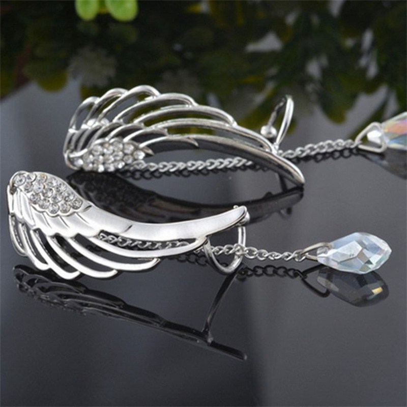 Foreign Trade Wish European and American Trendy Earrings Angel Wings Rhinestone Ear Clip Crystal Chain Tassel Earrings - 图片 4