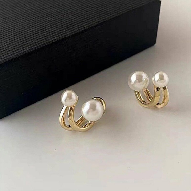 Women Gold Color Eardrop Cute Pearl Studs Hoop Earrings Hoops Wedding Jewelry - Image 3