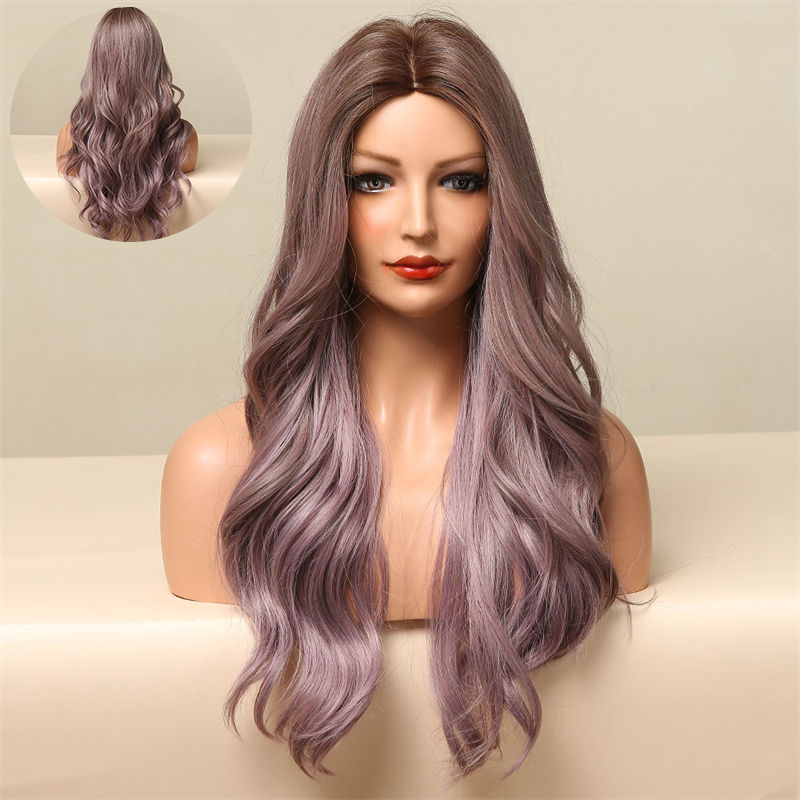 Long Hair Natural Purple Highlight Long Curly Hair Big Wave Mid-Length Wigs Full-Head Wig - Image 13