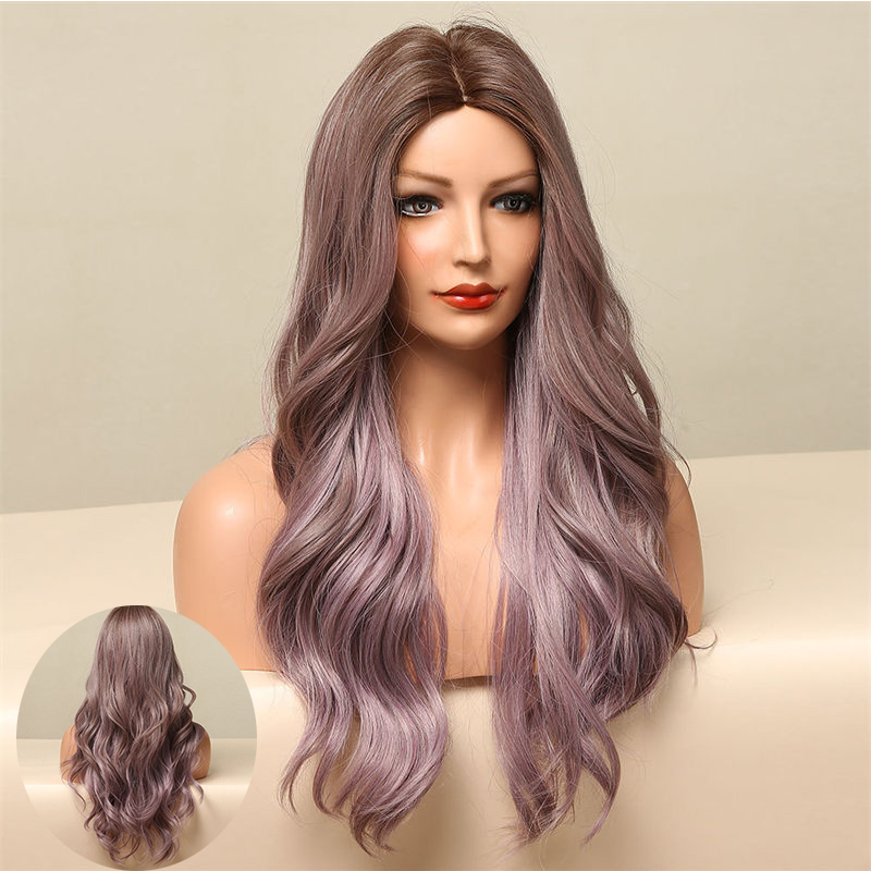 Long Hair Natural Purple Highlight Long Curly Hair Big Wave Mid-Length Wigs Full-Head Wig - Image 12