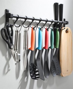 Kitchen Rail Rack Wall Mounted Utensil Hanging Rack Hanger 4/6 Hooks 30-40CM New