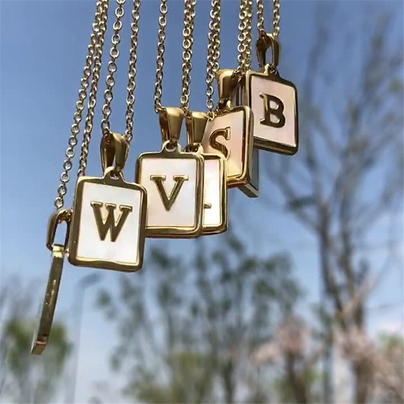 Gold Chain Necklaces Male Square Natural Shell Initial Letters Pendant Stainless Steel Jewelry for Women Gifts - Image 6