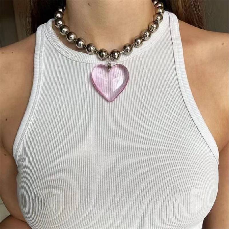 Hip Hop Minimalist Colorful Glass Love Heart Pendant Necklaces for Women Aesthetic Beads Chains Short Choker Girls Party Jewelry - Image 5