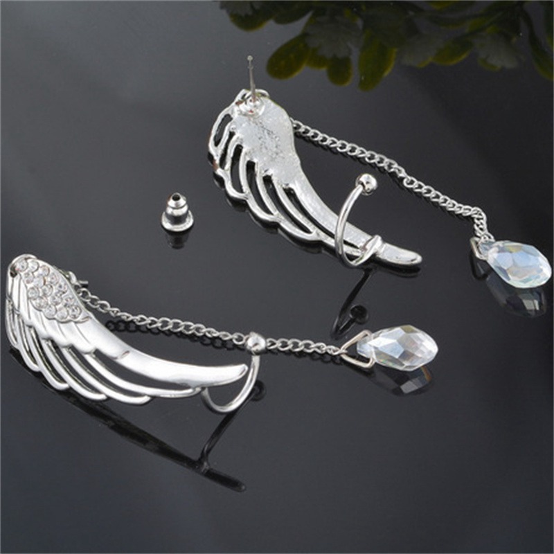 Foreign Trade Wish European and American Trendy Earrings Angel Wings Rhinestone Ear Clip Crystal Chain Tassel Earrings - 图片 5