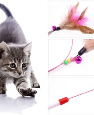 Cat Feather Wand Stick Cat Teaser Kitten Toy Dangle Bell Interactive Play Toys