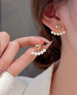 2024 New Metal Heart-Shaped Pearl Earrings For Women Korean Fashion Back Hanging Earring Girls Shiny Zircon Exquisite Jewelry