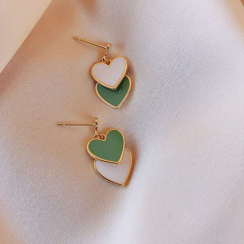 2024 New Korean Style White Green Heart Drop Earrings For Women Contracted Heart Pearl Asymmetrical Earring Girl Party Jewelry - Image 5