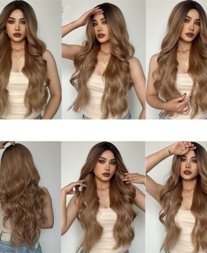 Ladies Wig Wig Brown Medium Gradient Long Curly Hair Chemical Fiber High-Temperature Fiber Wig