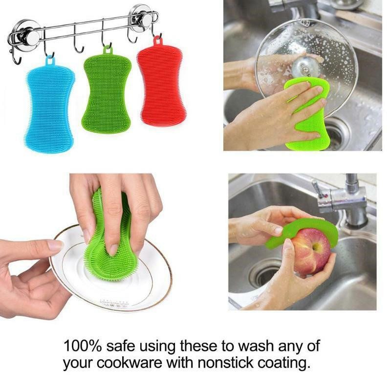 3x Silicone Kitchen Dish Washing Brush Sponge Scrubber Pot Pan BBQ Cleaner UK - 图片 6