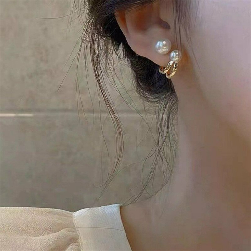 Women Gold Color Eardrop Cute Pearl Studs Hoop Earrings Hoops Wedding Jewelry - Image 5