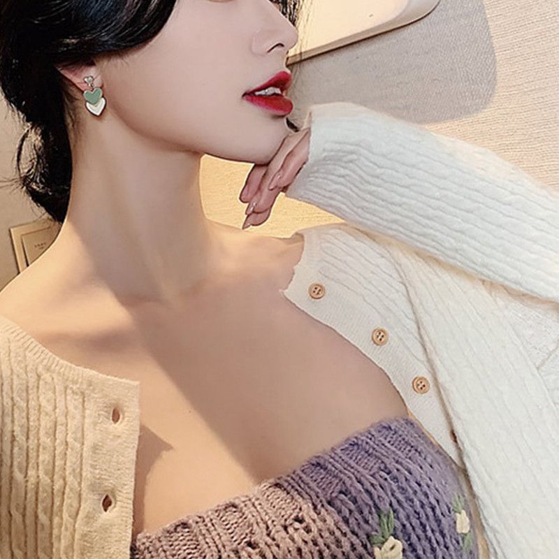 2024 New Korean Style White Green Heart Drop Earrings For Women Contracted Heart Pearl Asymmetrical Earring Girl Party Jewelry - Image 6