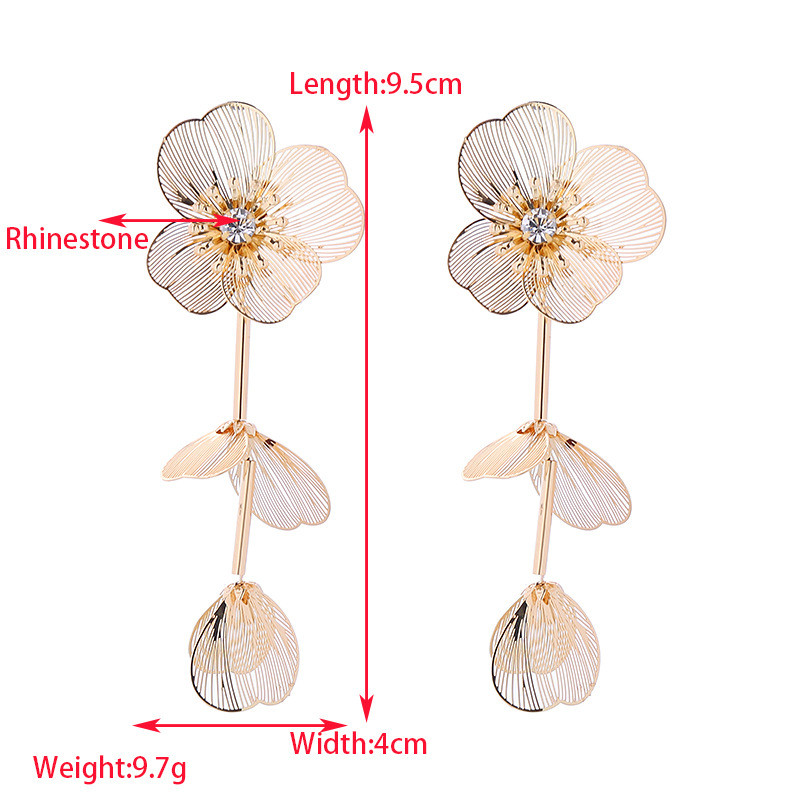 Fashion Multi-Layer Patch Earrings Light Luxury Long Metal Flower Exaggerated Earrings Diamond-Embedded - Image 5