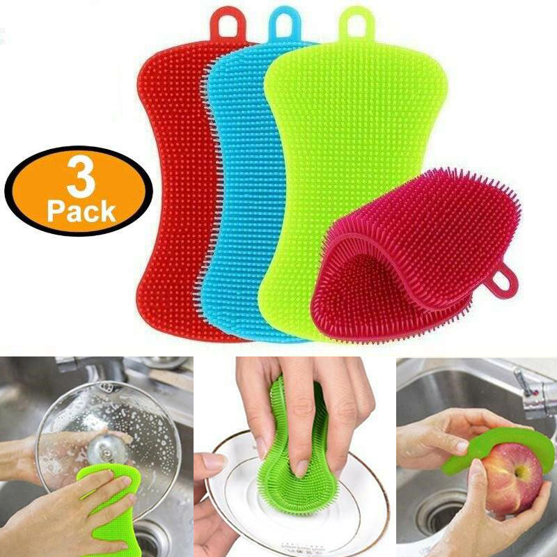3x Silicone Kitchen Dish Washing Brush Sponge Scrubber Pot Pan BBQ Cleaner UK - 图片 10