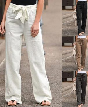 2024 Summer European and American Women's Clothing New Elastic Waist Solid Color Cotton Linen Wide Leg Pants Lace-up Large Size Loose Trousers for Women
