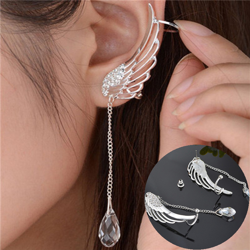 Foreign Trade Wish European and American Trendy Earrings Angel Wings Rhinestone Ear Clip Crystal Chain Tassel Earrings - 图片 10