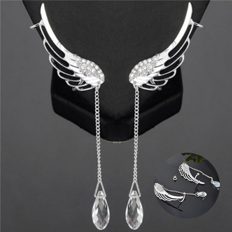 Foreign Trade Wish European and American Trendy Earrings Angel Wings Rhinestone Ear Clip Crystal Chain Tassel Earrings - 图片 9
