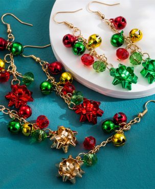 Element Crystal Earrings Female Red and Green Color Matching Jingling Bell Flower Ear Hooks