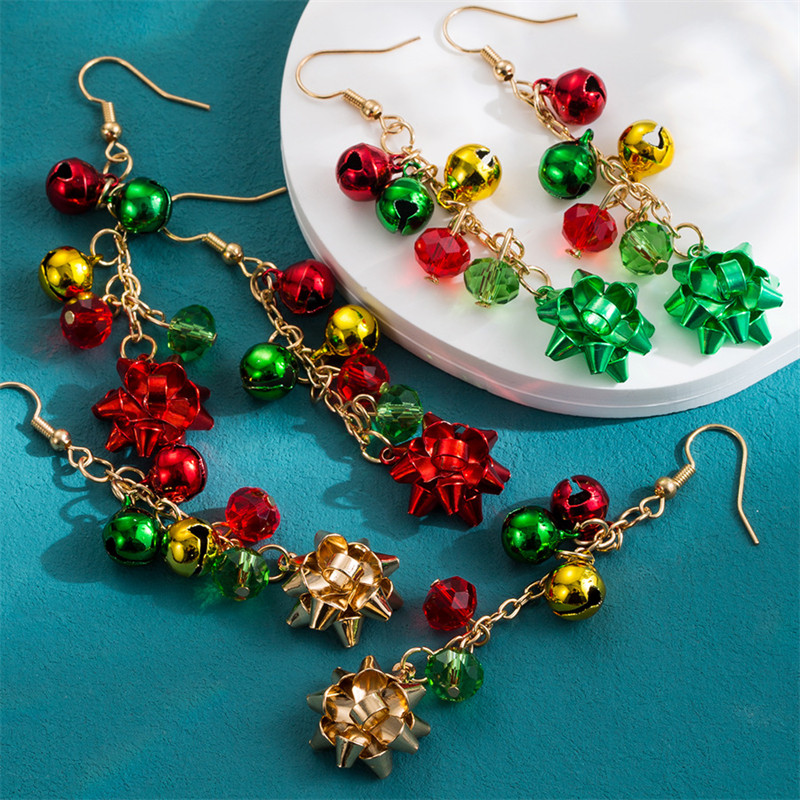 Element Crystal Earrings Female Red and Green Color Matching Jingling Bell Flower Ear Hooks