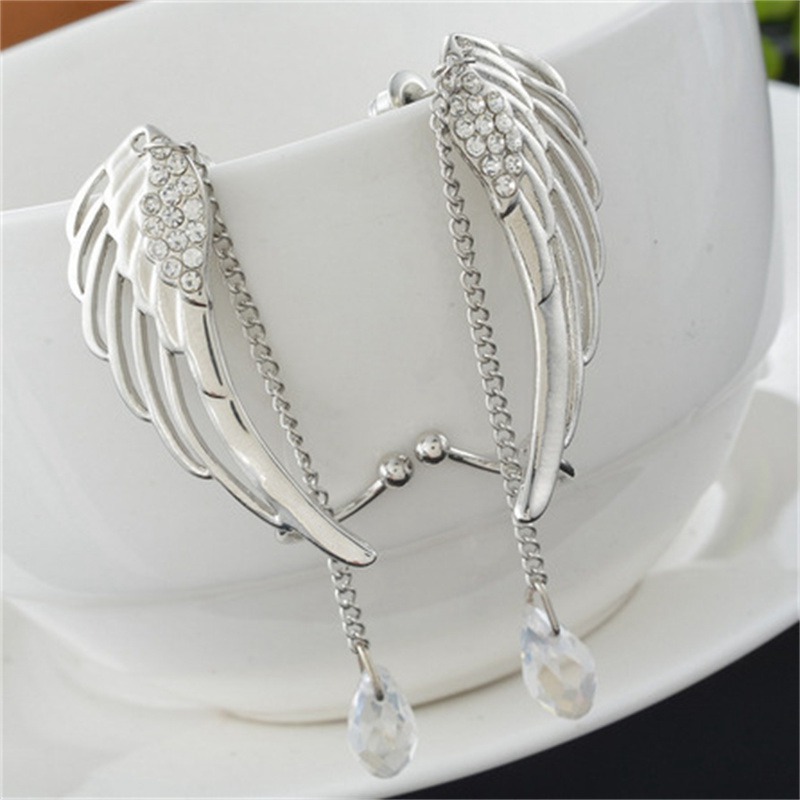 Foreign Trade Wish European and American Trendy Earrings Angel Wings Rhinestone Ear Clip Crystal Chain Tassel Earrings - 图片 7